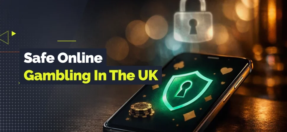 Phone showing a glowing security shield and lock icon with the text “Safe Online Gambling In The UK.”