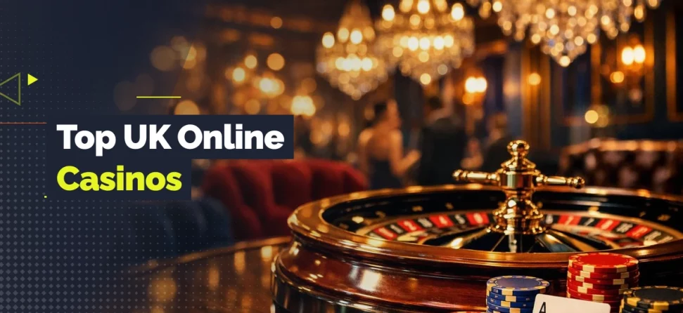 Banner image showing a roulette wheel with stacked casino chips and playing cards on a table, with blurred chandeliers and a luxury casino interior in the background, alongside text reading “Top UK Online Casinos.”