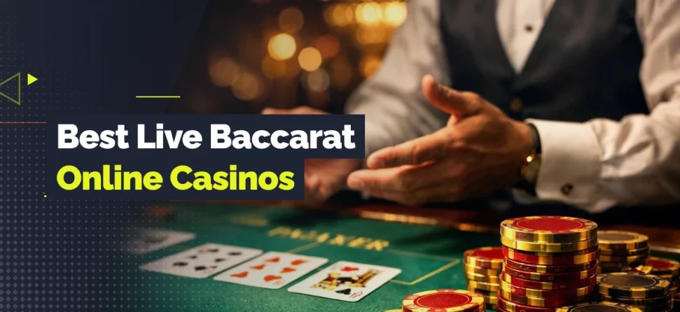 Best Live Baccarat Online Casinos graphic showing baccarat cards, casino chips, and a live dealer at a green casino table with GamblingNerd branding.