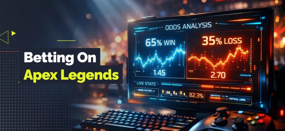 Gaming setup with a keyboard, controller, and odds analysis screen, with overlay text reading “Betting On Apex Legends.”