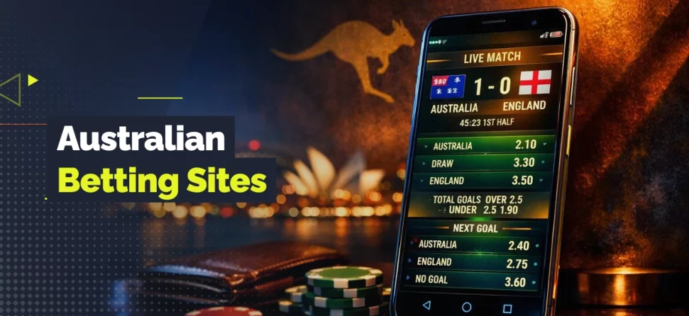 Sports betting app with Australian odds, casino chips, and Sydney-themed background with text reading “Australian Betting Sites.”