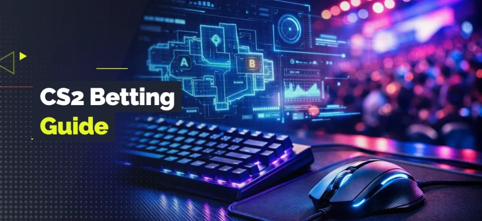 Gaming keyboard and mouse with a tactical map overlay and esports arena background, with text reading “CS2 Betting Guide.”