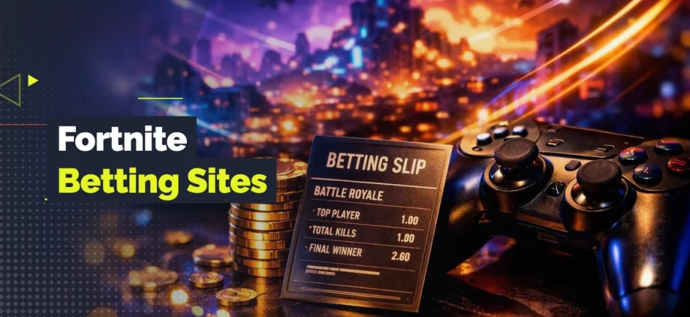 Gaming controller, coins, and a betting slip with overlay text reading “Fortnite Betting Sites.”