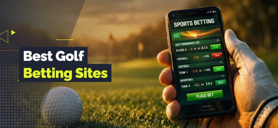 A hand holding a phone with a sports betting app open on a golf course, with a golf ball in the grass and text reading “Best Golf Betting Sites.”