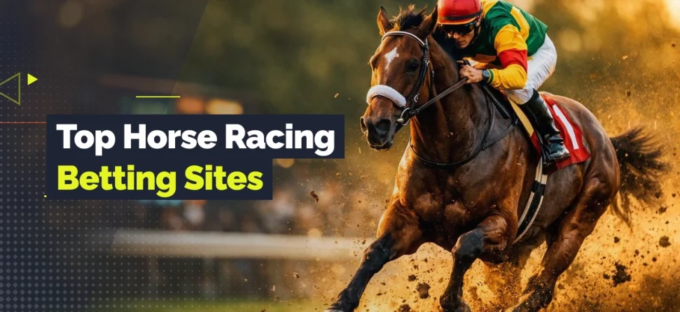 Horse racing jockey riding at speed on a dirt track with overlay text reading “Top Horse Racing Betting Sites.”