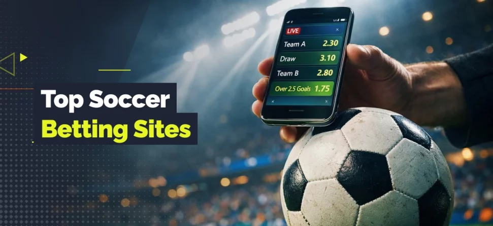 Soccer ball beside a phone showing live betting odds, with overlay text reading “Top Soccer Betting Sites.”