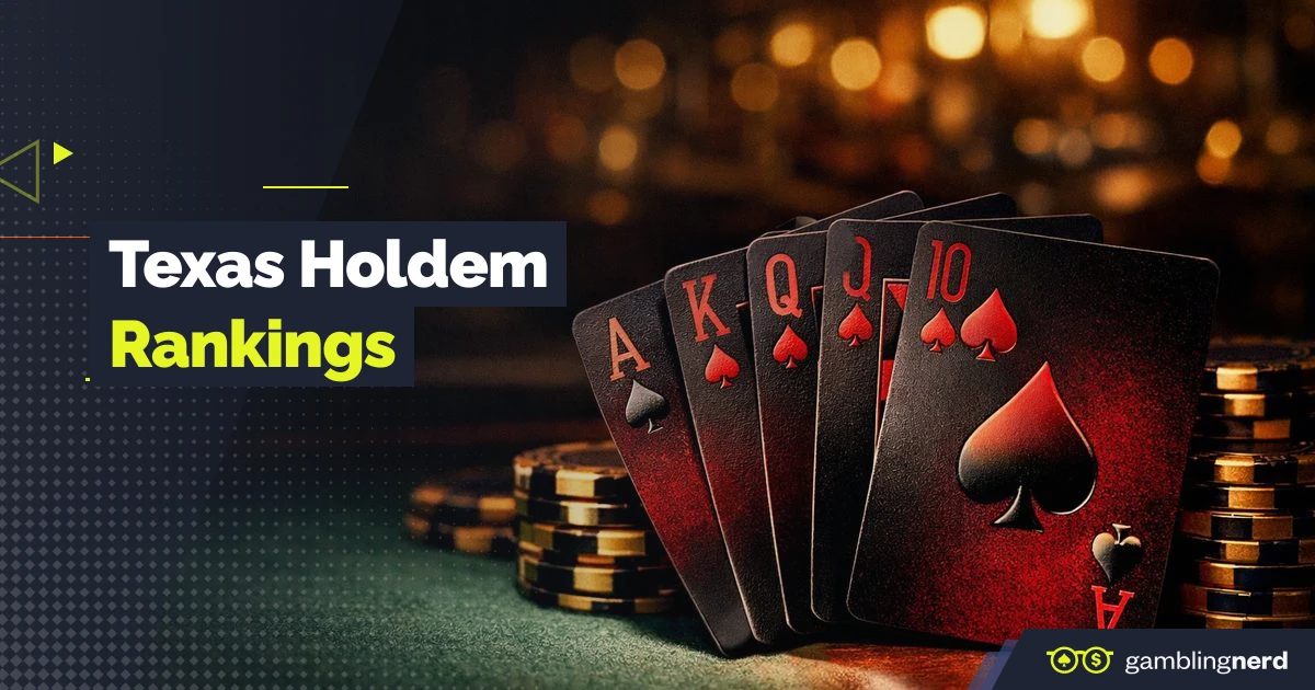Texas Holdem poker cards and casino chips on a dark table with text reading “Texas Holdem Rankings.”