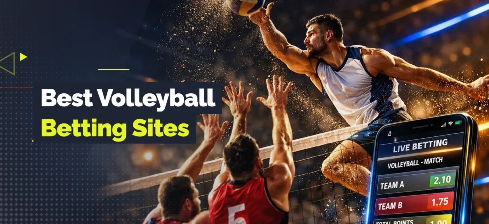 Volleyball players jumping at the net beside a phone showing live betting odds, with overlay text reading “Best Volleyball Betting Sites.”