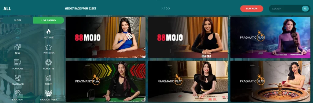 22bet live dealer