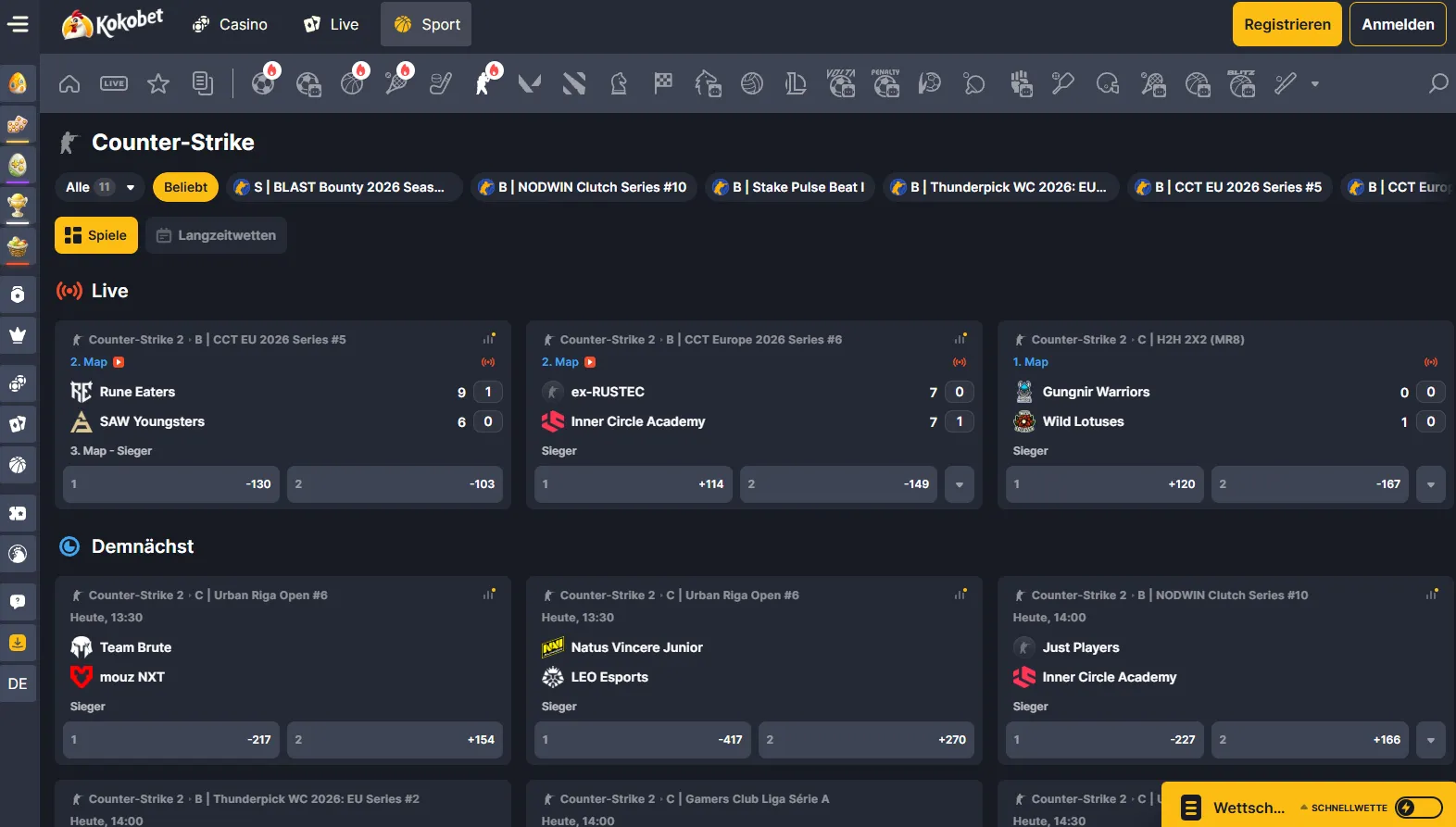 Koko.bet e-sportspagina met live Counter-Strike-wedstrijden en quoteringen 2