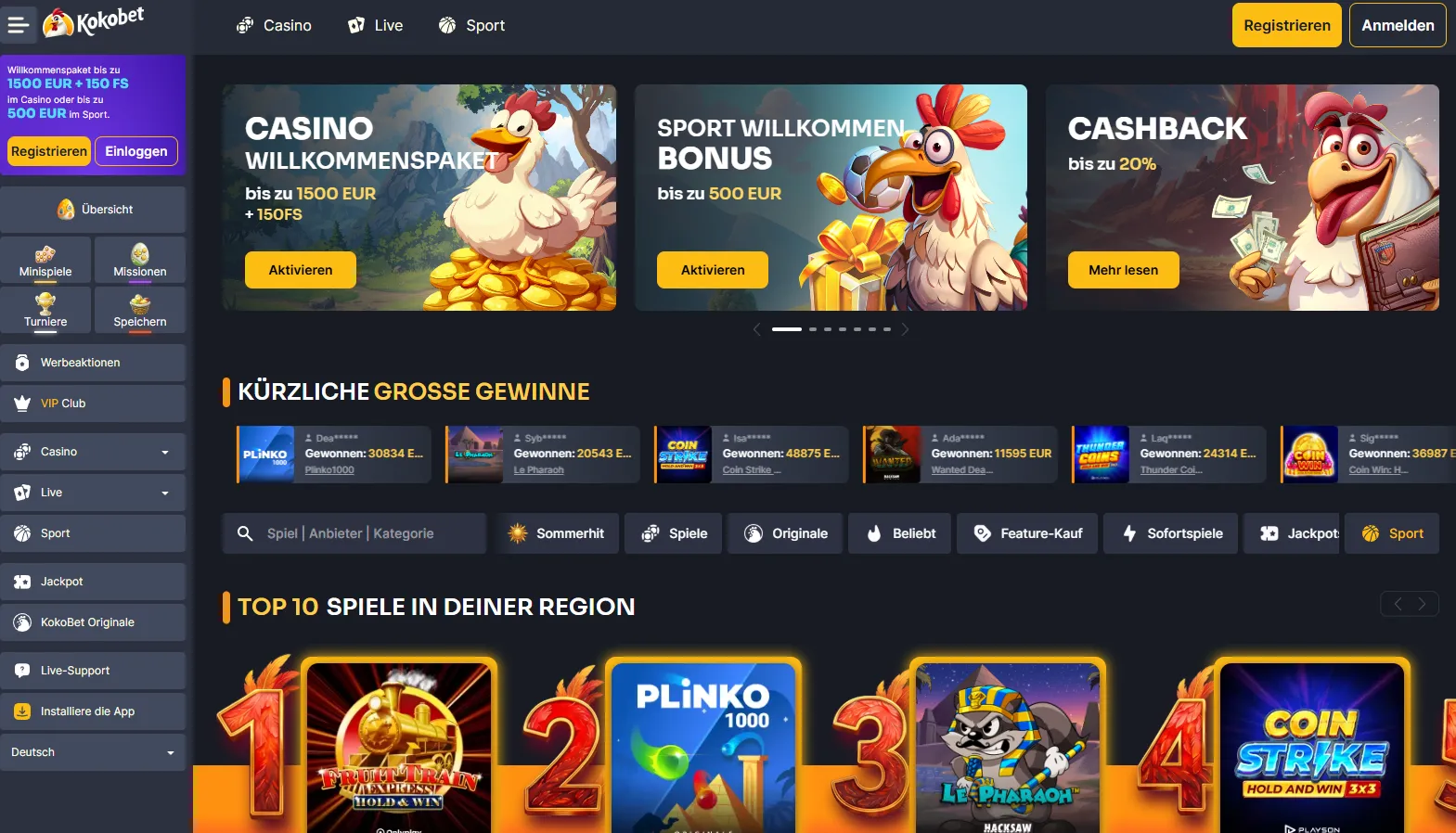 Startpagina van Koko.bet met casinobonussen, spellen en recente winsten 1
