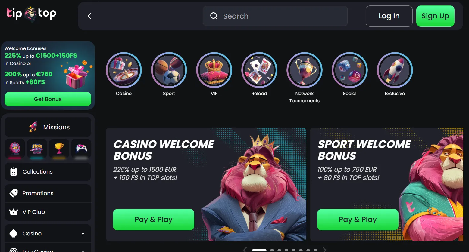 tip-top casino homepage 1