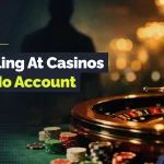 Roulette wheel and stacks of casino chips with text reading “Gambling at Casinos With No Account.”
