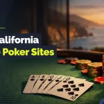 Royal flush and stacks of poker chips on a table overlooking the California coast at sunset.