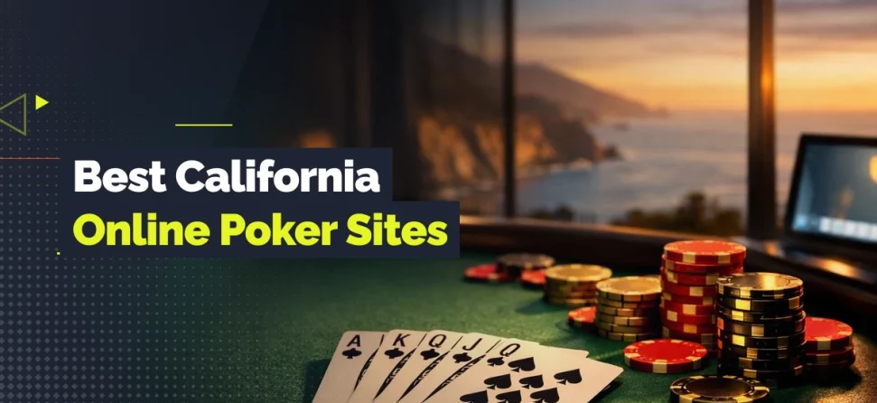 Royal flush and stacks of poker chips on a table overlooking the California coast at sunset.