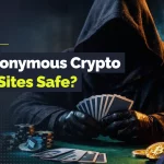 Hooded poker player holding cards beside stacks of chips and Bitcoin tokens, with a digital padlock in the background.