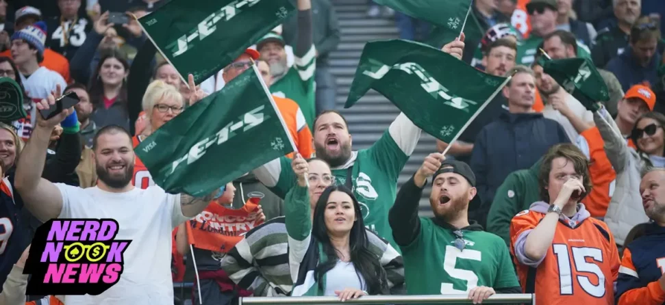 Jets fans cheering at an NFL game.