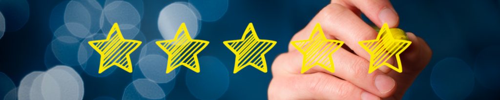 Hand drawing a five-star rating with four and a half yellow stars against a blue background.