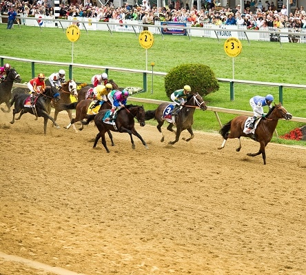 Thoroughbred horses race down a dirt track with colorful jockeys in mid-stride, one horse leading while a crowd watches from the grandstand behind numbered distance markers.