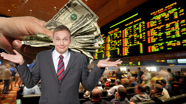 Casino Sportsbook, Guy Shrugging, Hand Holding Out Money