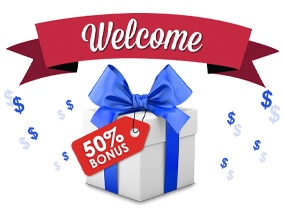 Gift Box with 50% Bonus Tag, Welcome Banner