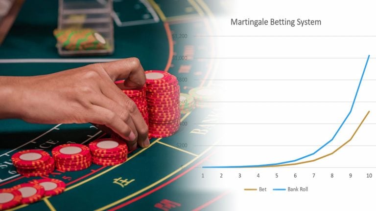 A Hand Placing Poker Chips Next to a Martingale Betting System Graph