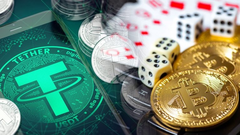 Tether, Bitcoin, and Several Dice and Poker Cards