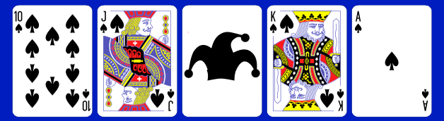 Ten of Spades, Jack of Spades, Joker, King of Spades, Ace of Spades