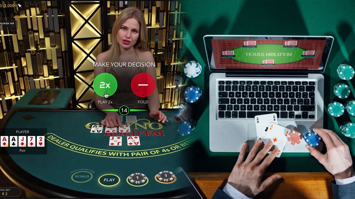 Live Dealer Poker Game on the Left and Someone Playing Poker on a Laptop on the Right