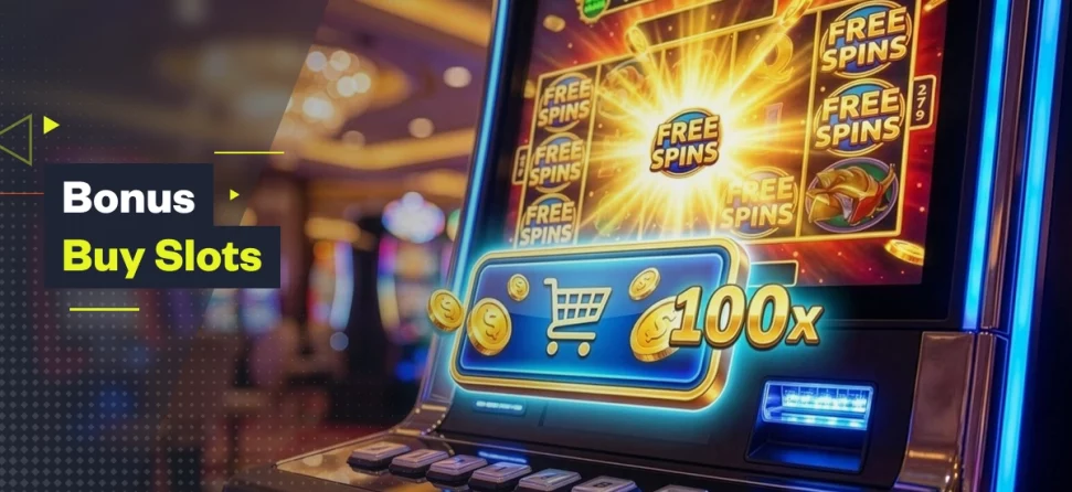 Slot machine screen showing a Buy Bonus feature with free spins symbols and a 100x multiplier in a casino setting