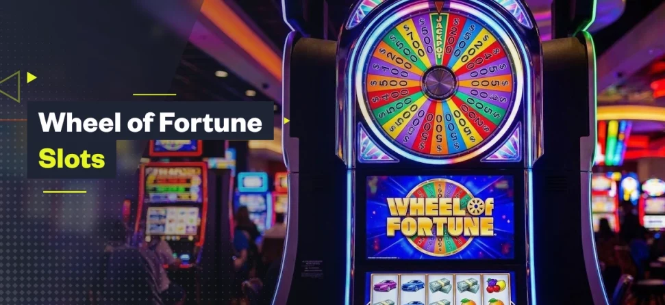 Wheel of Fortune slot machine with a colorful bonus wheel and reels on a casino floor, featuring “Wheel of Fortune Slots” branding.