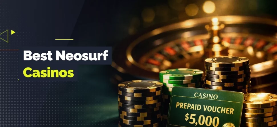 Banner showing casino chips, a roulette wheel, and a prepaid voucher card labeled $5,000, alongside the text “Best Neosurf Casinos.”