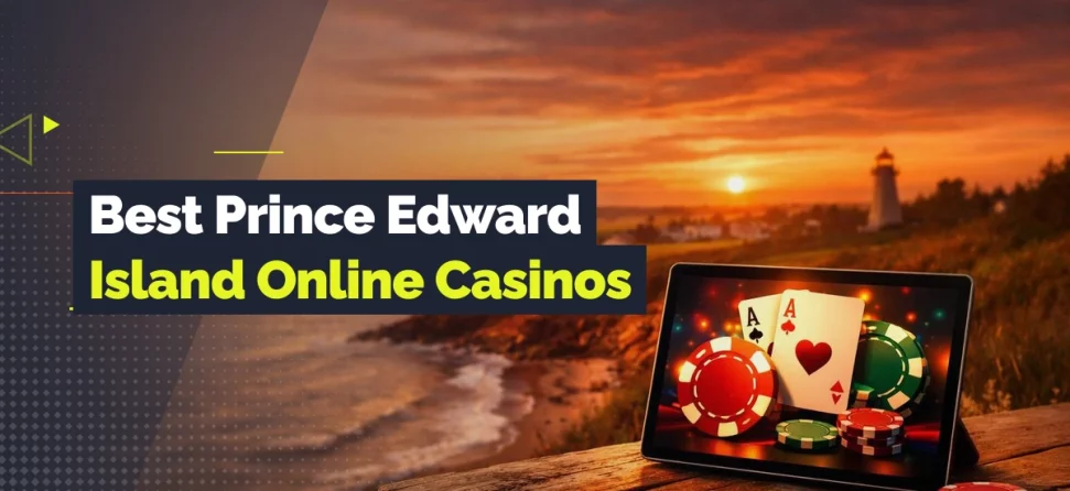 Banner for best Prince Edward Island online casinos featuring a tablet displaying playing cards and chips on a wooden table overlooking a coastal lighthouse at sunset.