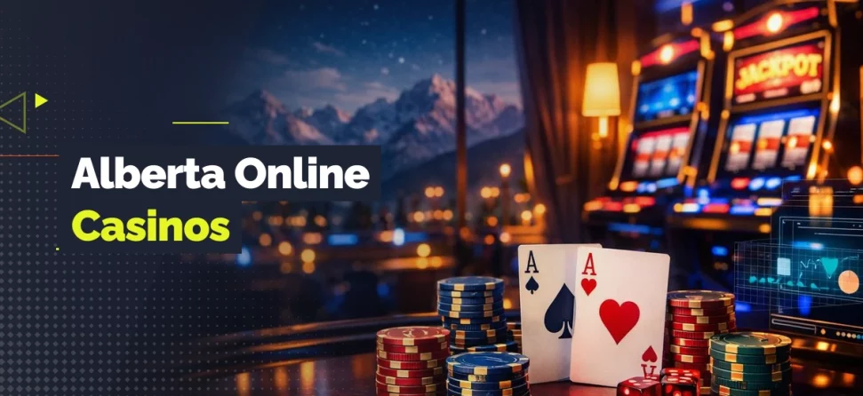 Banner showing casino chips, dice, and two aces on a table with slot machines and mountains in the background, alongside the text “Alberta Online Casinos.”