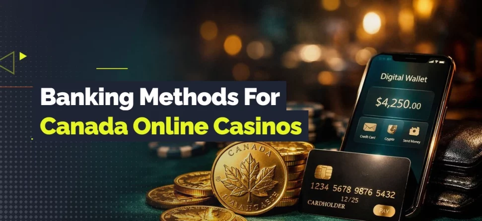 Banner for banking methods for Canada online casinos featuring a smartphone displaying a digital wallet balance, a credit card, and Canadian coins with a maple leaf design.