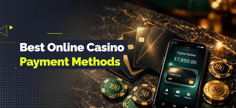 Banner for best online casino payment methods featuring a smartphone displaying a digital wallet balance, credit cards, and poker chips on a marble surface.