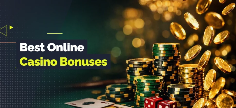 Banner for best online casino bonuses featuring stacks of poker chips, playing cards, red dice, and cascading gold coins in a casino setting.