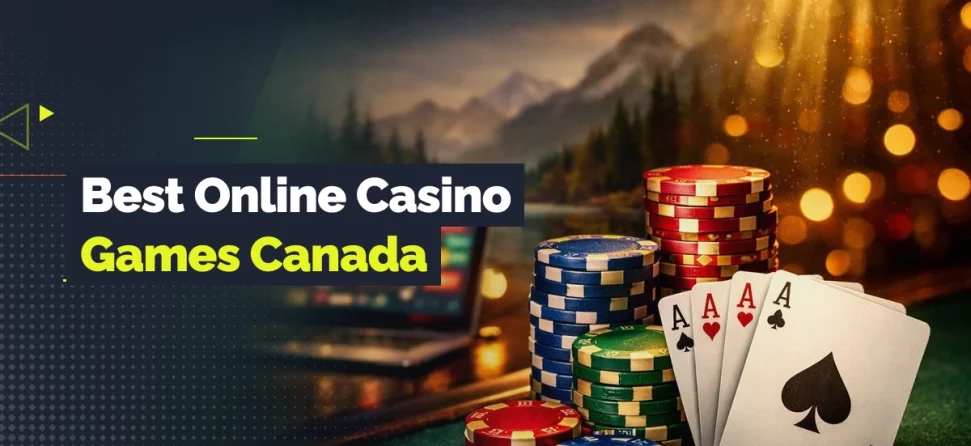 Banner for best online casino games in Canada featuring stacks of poker chips and four aces on a table with a laptop and mountain landscape in the background.