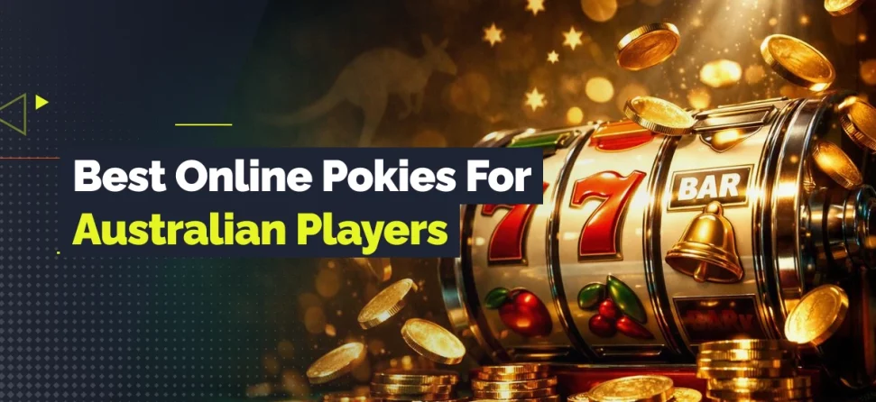 Banner showing a slot machine with spinning reels, coins, and stars, alongside the text “Best Online Pokies for Australian Players.”