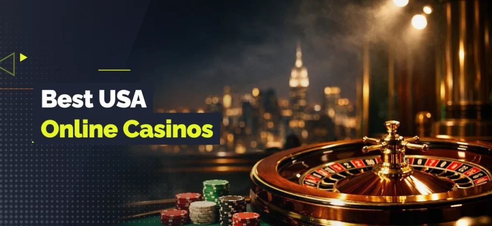 Best USA online casinos banner featuring a roulette wheel, poker chips, and playing cards on a table with a blurred city skyline in the background.