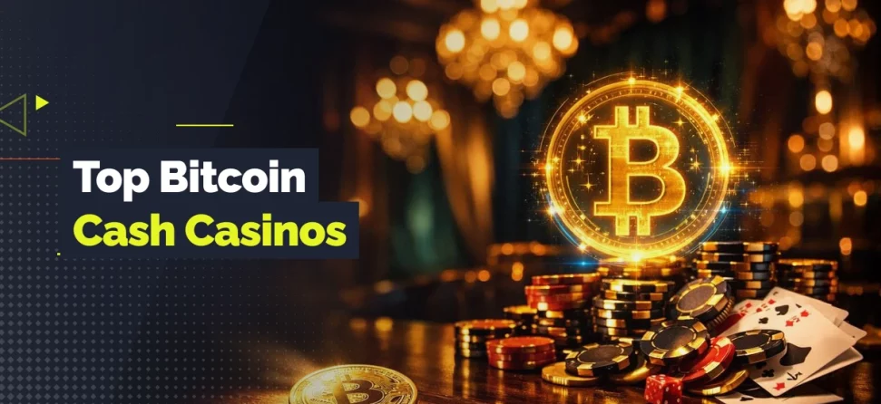 Banner for top Bitcoin cash casinos featuring a glowing Bitcoin symbol above stacks of poker chips, coins, and playing cards on a casino table.