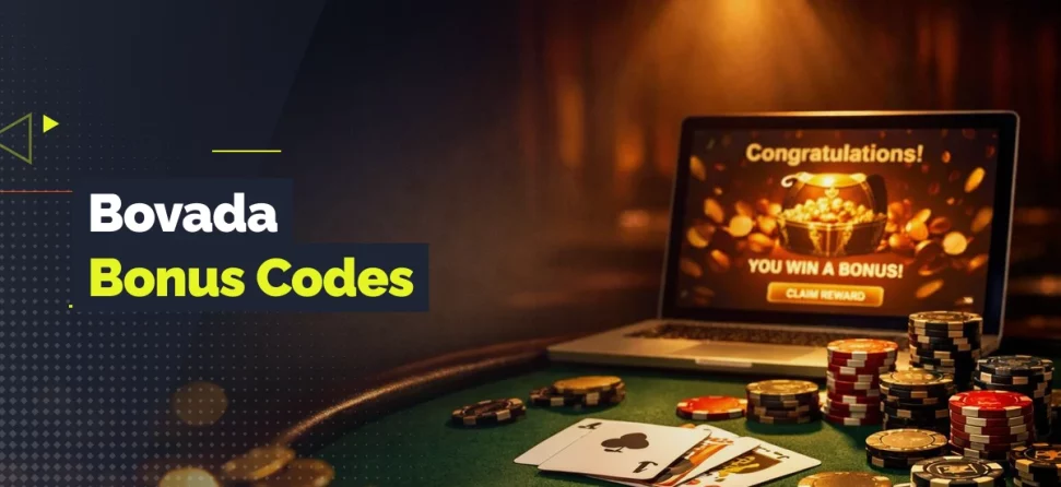Banner for Bovada bonus codes featuring a laptop displaying a “you win a bonus” message, with poker chips and playing cards on a casino table in a warm-lit setting.