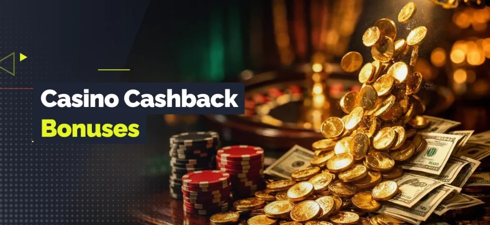 Banner for casino cashback bonuses featuring a pile of gold coins spilling onto a table with cash, poker chips, and a blurred roulette wheel in the background.