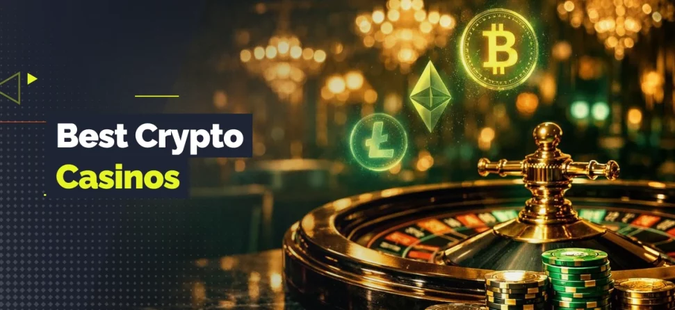 Banner for best crypto casinos featuring a roulette wheel, stacked poker chips, and floating cryptocurrency icons including Bitcoin, Ethereum, and Litecoin in a casino setting.