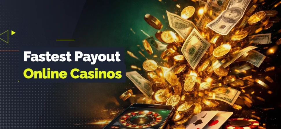Banner for fastest payout online casinos featuring a smartphone with a roulette game, surrounded by exploding gold coins, cash, poker chips, and playing cards.