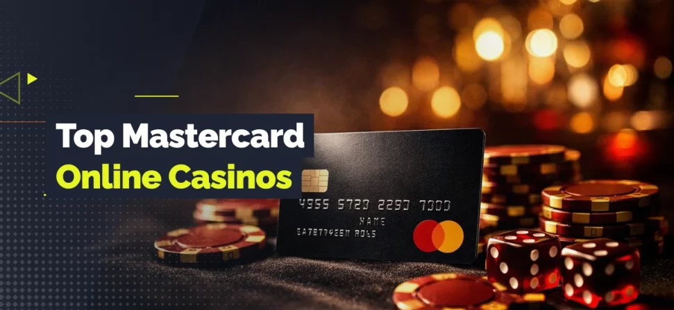 Mastercard credit card placed among casino chips and dice with text “Top Mastercard Online Casinos” on a dark, casino-themed background.