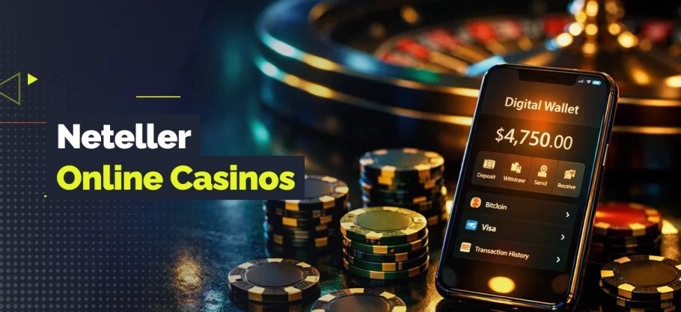 Smartphone displaying a digital wallet balance beside casino chips and roulette wheel, with text “Neteller Online Casinos”