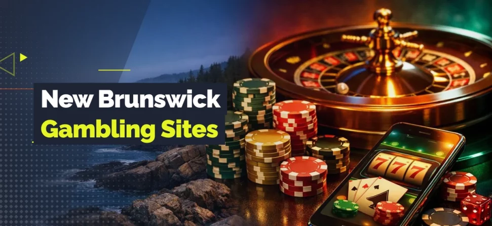 Banner image for New Brunswick gambling sites featuring a roulette wheel, stacks of casino chips, dice, playing cards, and a smartphone showing slot machine sevens, with a coastal landscape in the background.