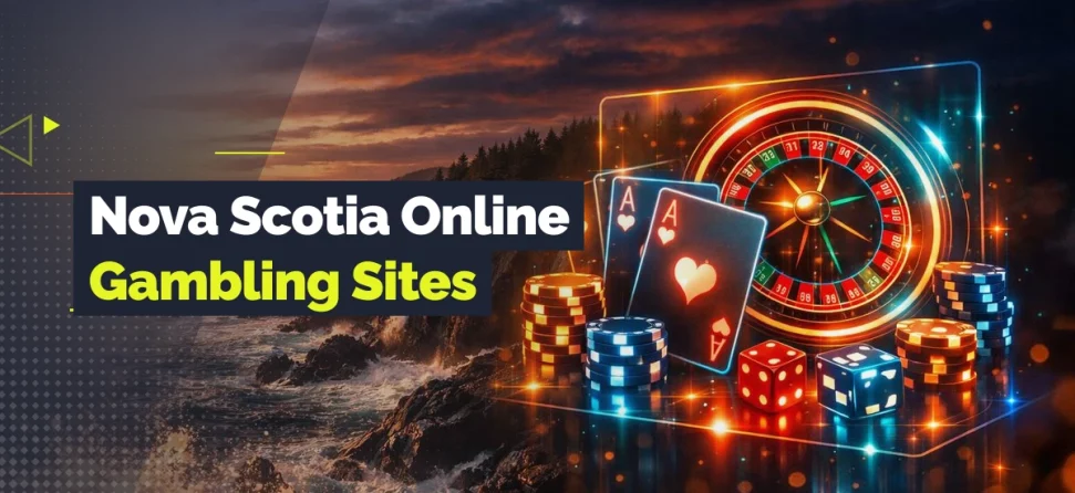 Banner for Nova Scotia online gambling sites featuring a glowing roulette wheel, playing cards, dice, and stacked chips set against a rocky ocean coastline at sunset.