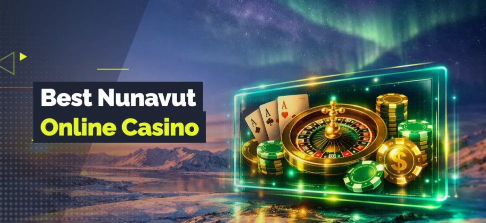 Banner for best Nunavut online casinos featuring a glowing digital display with a roulette wheel, playing cards, and chips set against a snowy Arctic landscape with northern lights.